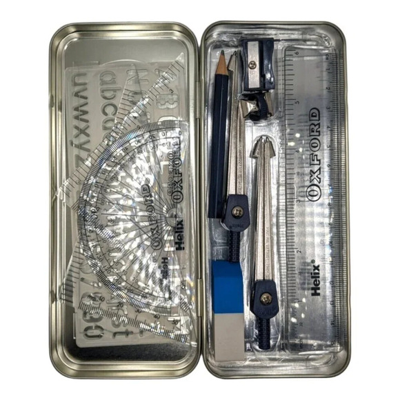 Helix Oxford Set Of Mathematical Instruments Set Dark Blue Vintage Storage Tin - Picture 5 of 6